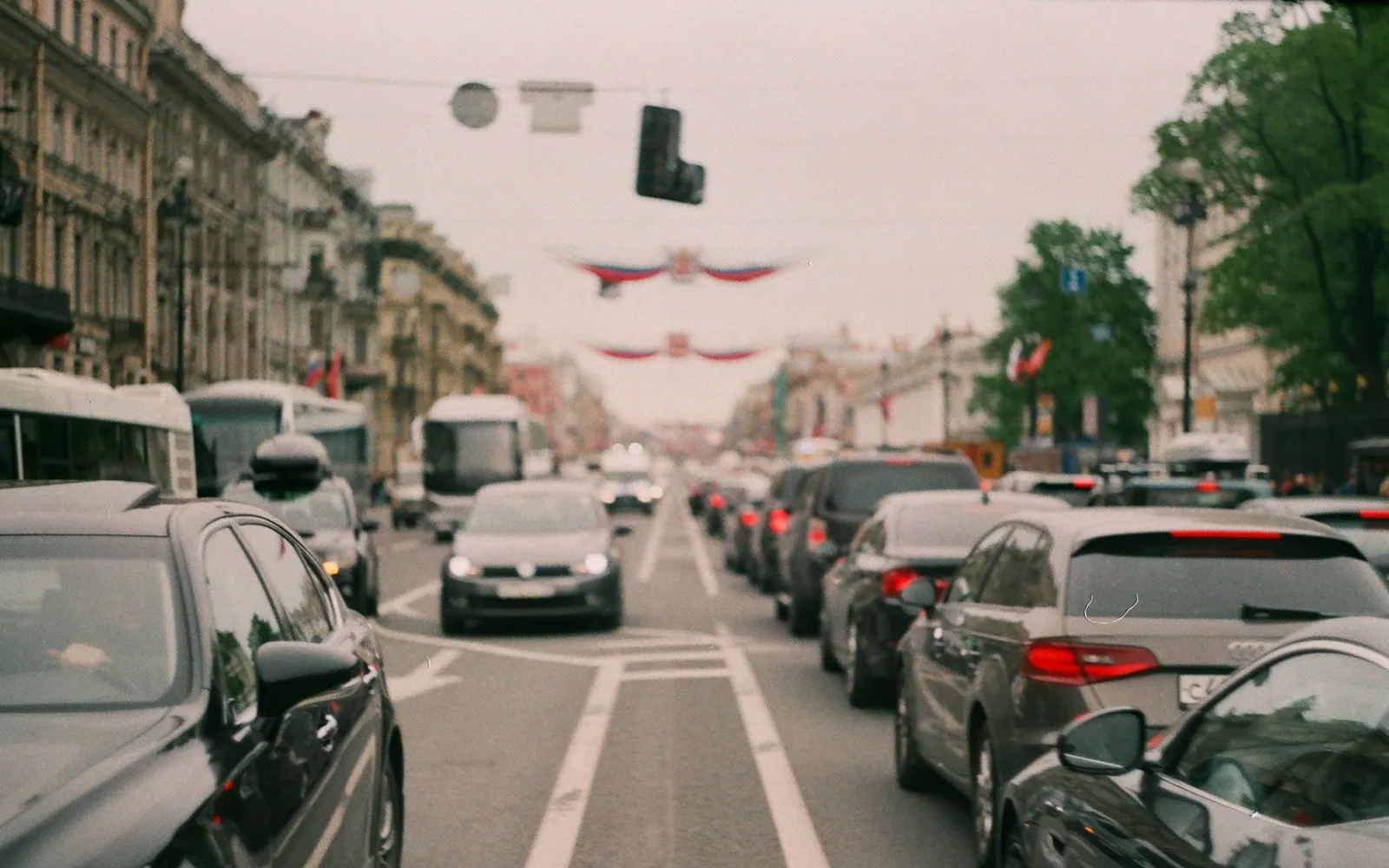 Cars in traffic on a city street