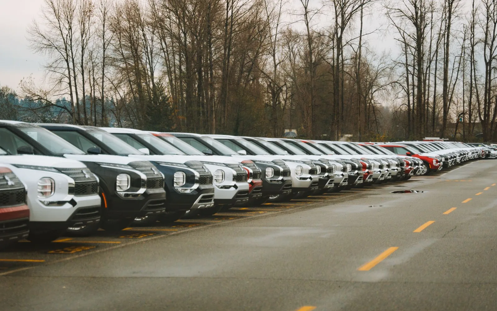 New cars lined up on a dealership lot under daylight