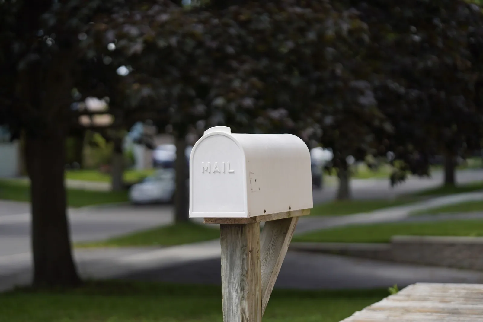 White residential mailbox on a wooden post along a tree-lined street