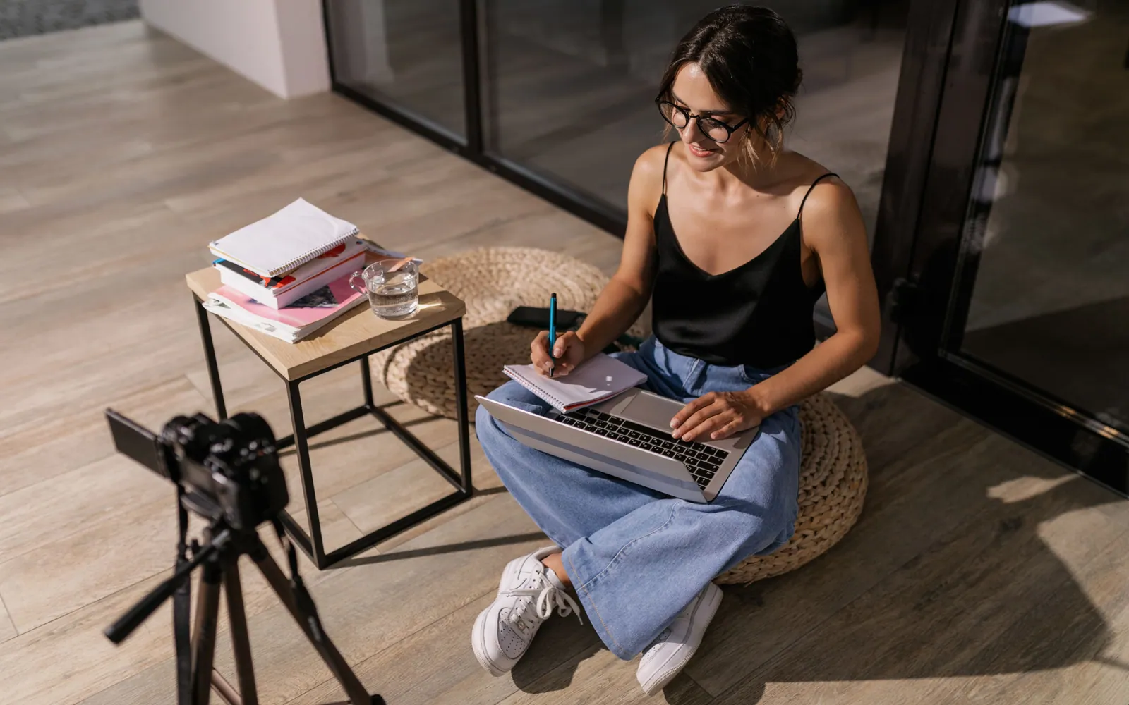 Adult studying an online course at home