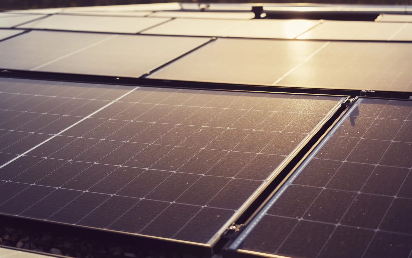 Close-up of a solar panel reflecting the sun