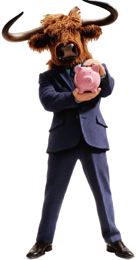 Candid Yak mascot: highland yak in a blue suit holding a piggy bank